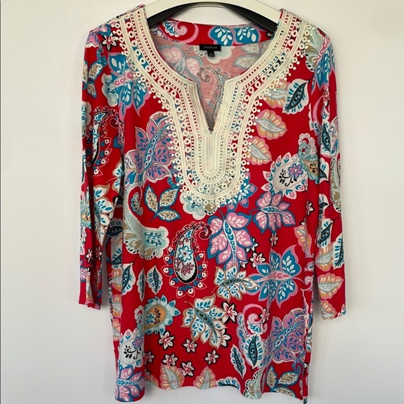Talbots Multicolor Paisley Cotton Modal Tunic Top Shirt Split Scoop Neck Large - Picture 1 of 17